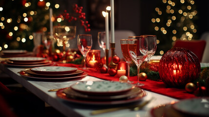 Fototapeta na wymiar Christmas dinner table, red and green, christmas lights, family moment, xmas decoration, christmas tree and candles, glass of wine, ornaments, stars