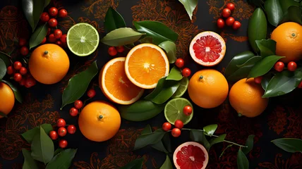 Foto op Plexiglas Christmas composition with citrus, orange, red berries, green leaves, fruits, for a christmas sale, winter event, red and green colors, food © GrafitiRex
