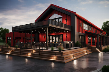 Red Contemporary Barndominium: Modern Farmhouse Living with Outdoor Entertainment Area