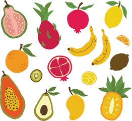 Vector set of tropical fruits in modern style. Design for stickers and prints on clothes