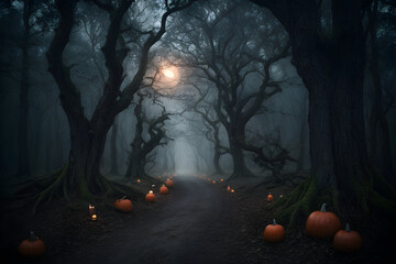 Create a dark and eerie forest scene with gnarled trees, a winding path, and a full moon casting eerie shadows. Populate the scene with ghostly apparitions, lurking creatures, or sinister pumpkins, al
