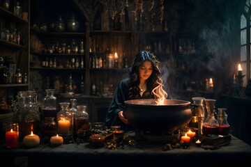 Depict a witch's lair filled with bubbling cauldrons, spell books, and an array of mystical ingredients. The atmosphere should be thick with magic and mystery as the witch brews her potent concoctions - obrazy, fototapety, plakaty