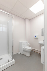 Fototapeta na wymiar Multipurpose toilet installed in a commercial facility. Warehouse self storage