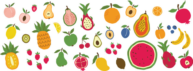 Collection of vector colorful fruits berries. Tropical fruits, citrus fruits. Graphic elements for design