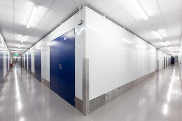 Obraz premium Hallway with blue doors storage units. Concrete floor