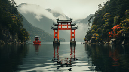 Tori gate is floating in water in a lake in japan - japanese temple
