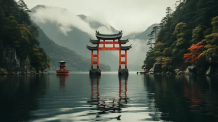 Afwasbaar fotobehang Tori gate is floating in water in a lake in japan - japanese temple © PhotoFlex