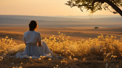 person sitting on a flower field at sunset - woman enjoys sunset