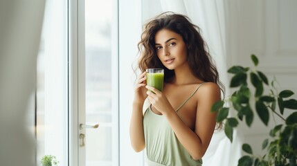 Diet. Healthy Eating Woman Drinking Fresh Raw Green Detox Vegetable Juice. Healthy Lifestyle, Vegetarian Food And Meal. Drink Smoothie. Nutrition Concept. with copy space.