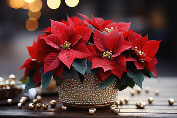 Red Christmas star poinsettia flowers in gold vase - obrazy, fototapety, plakaty