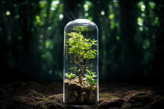 Tree seedlings in oxygen cylinders in barren land. Environmental saving concept. Earth Day