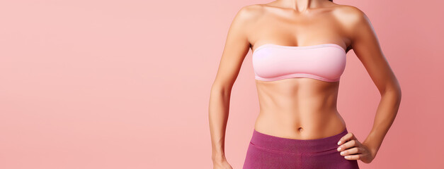 Fototapeta na wymiar Cropped image of an athletic woman with beautiful flat belly isolated on pastel pink background with copy space. 