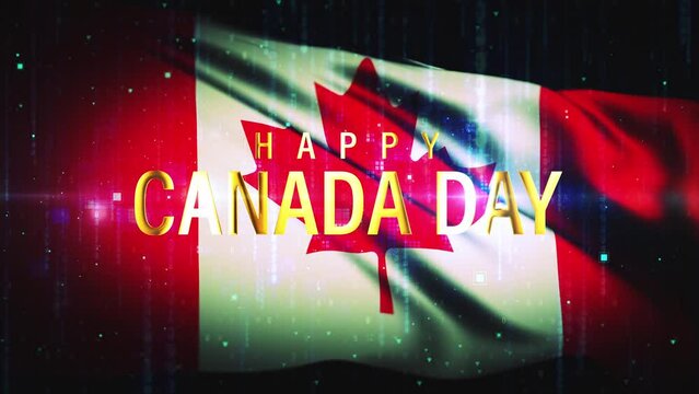 HAPPY CANADA DAY gold text with Canadian Flag waving effect cinematic title  on black  background. 4K 3D greeting cinematic footage with Happy Canada Day gold shine text word.