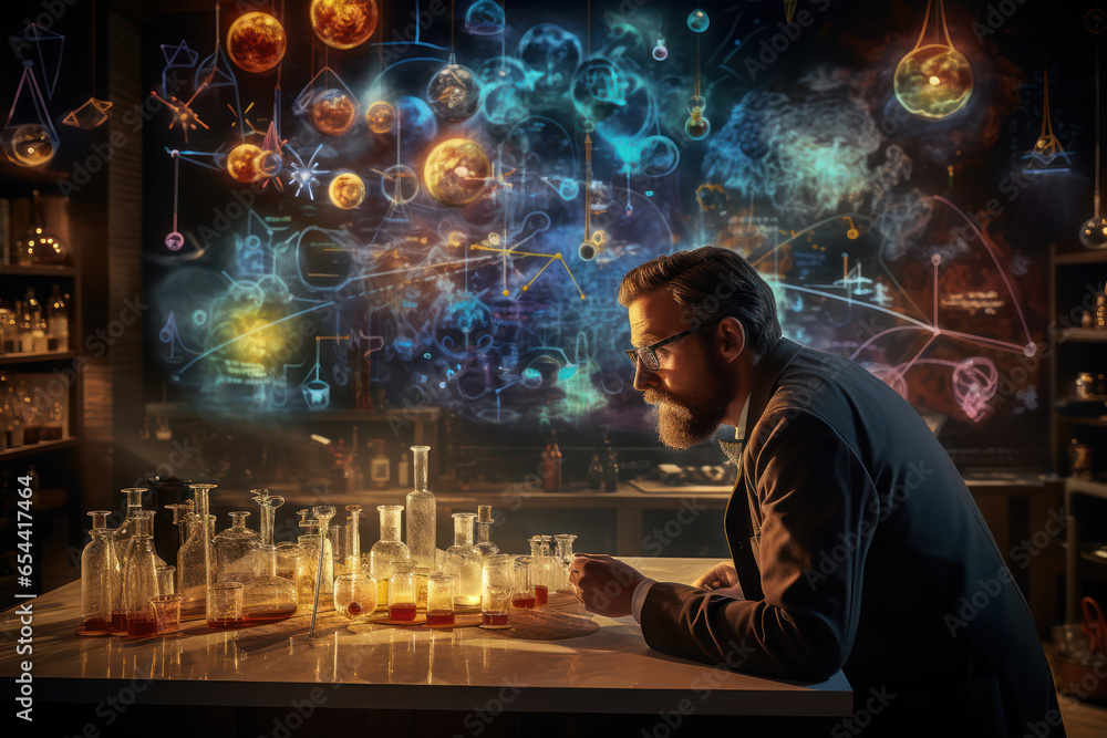 Poster a scientist brainstorming ideas for groundbreaking experiments in a laboratory. concept of scientifi