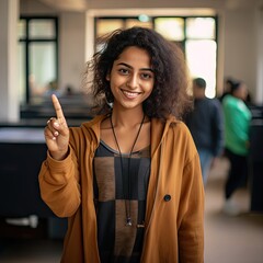 portrait of a happy smiling garments indian woman showing voted ink marked finger during an election by looking at the camera generative ai  - obrazy, fototapety, plakaty