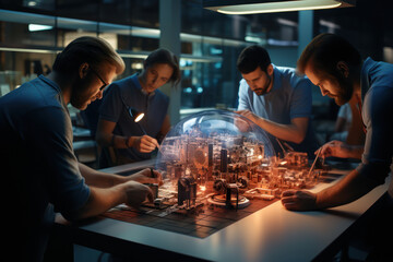 A team of engineers collaboratively designing innovative solutions for renewable energy projects. Concept of engineering brainstorming. Generative Ai.