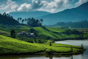 landscape with lake in the mountains Tea plantations in Munnar, Kerala, India tourism photography generative ai  - obrazy, fototapety, plakaty