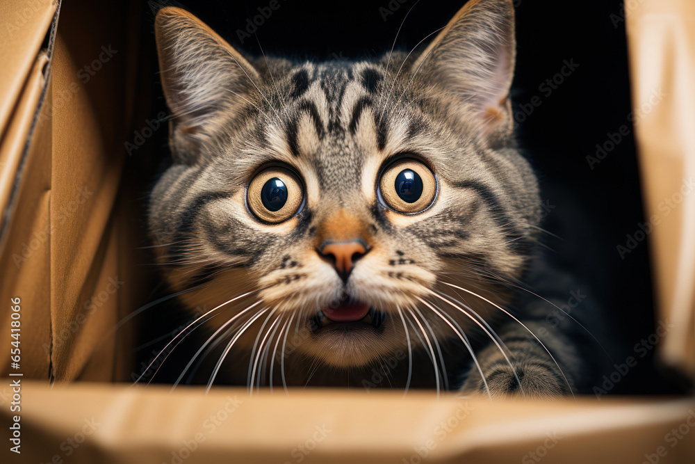 Poster a curious cat with its head stuck in a cardboard box, wearing a comically bewildered expression. con