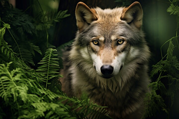 Naklejka na ściany i meble Majestic and gorgeous wolf in the verdant forest