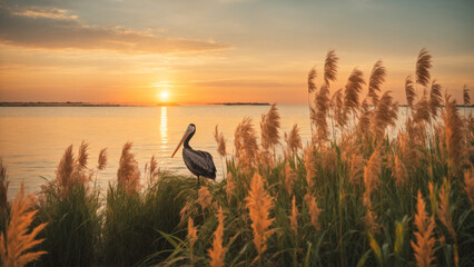Beautiful scenery of phragmites plants by the sea with a swimming pelican at sunset. - obrazy, fototapety, plakaty