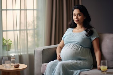Indian pregnant woman drinking water while sitting on sofa at home generative ai  - obrazy, fototapety, plakaty