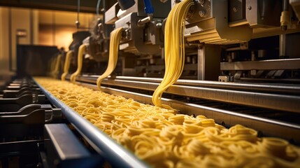 mesmerizing pasta production process with various pasta types gracefully moving along the conveyor belt, a culinary spectacle in motion.