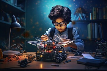  Indian kid busy making drone connections by soldering at home during the night generative ai  - obrazy, fototapety, plakaty
