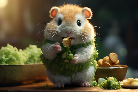 A pudgy hamster attempting to stuff an oversized piece of broccoli into its cheek pouches. Concept of hamster dining. Generative Ai.
