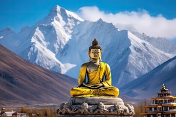 The Maitreya Buddha statue with Himalaya mountains in the background Nubra valley, Leh Ladakh, Northern India generative ai 