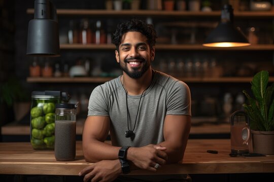 Sporty indian man drinking a smoothie with kitchen background generative ai