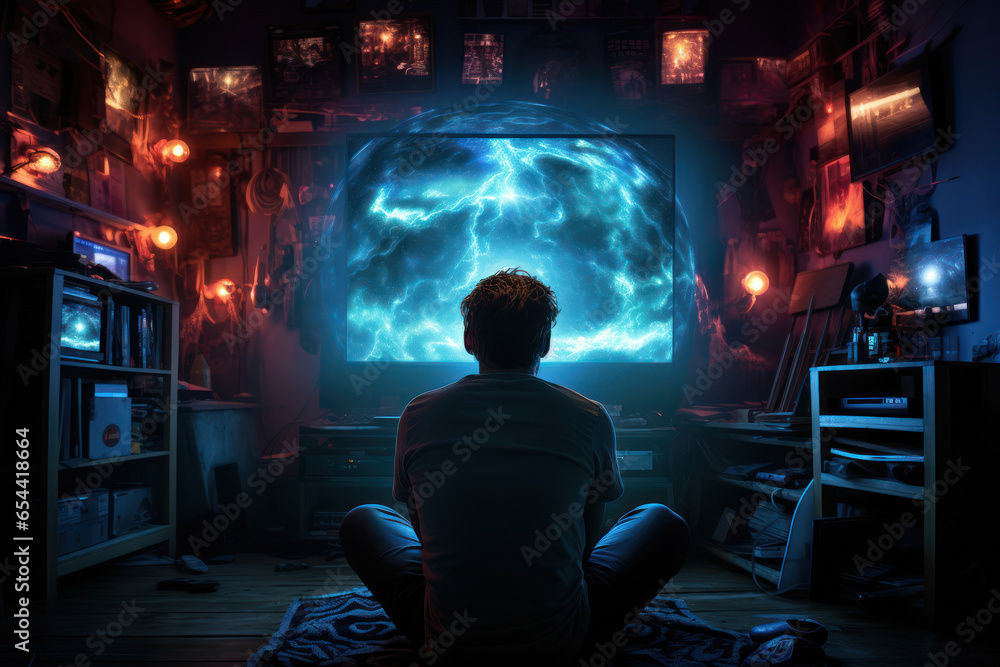 Poster a person gazing at a computer screen for hours, capturing the concept of internet and technology add