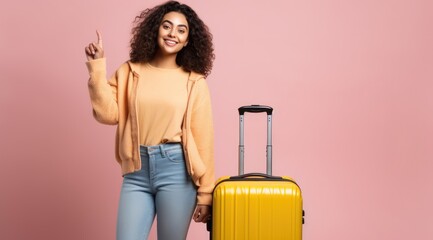 Indian woman ready to go to travel indicates with both forefingers up showing an isolated background studio generative ai  - obrazy, fototapety, plakaty