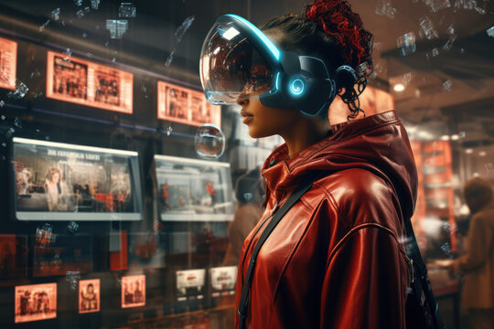 A futuristic concept of shopping using augmented reality glasses, overlaying product information and prices on physical items. Concept of AR shopping. Generative Ai.