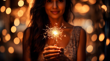 Young Woman Holding Sparkler Party Wedding New Year Eve Celebrating Female Hands Cheerful Beautiful Fun