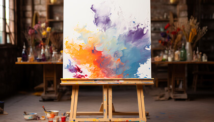 Closeup of a Painting stand wooden easel - a thick colorful painting stands on the floor with art
