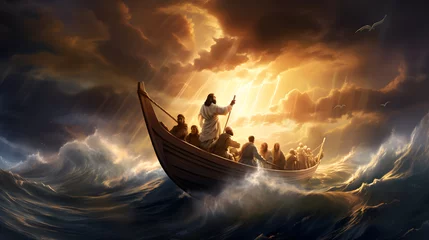Deurstickers Jesus Christ on the boat calms the storm at sea. © ZayNyi