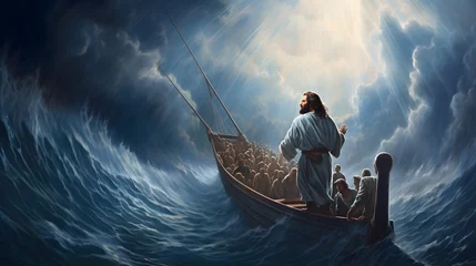Muurstickers Jesus Christ on the boat calms the storm at sea. © ZayNyi
