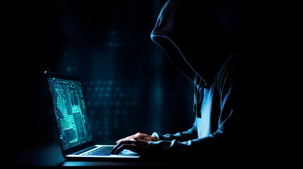Overhead cyber spy hacker in hood working at computer in dark room. An anonymous hacker uses...