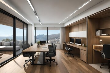 office room with black comfort chairs and view