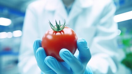 close up hand scientist hold tomato in technology laboratory. GMO and laboratory studies, vegetable, laboratory, biology, science, agriculture, chemical, research, modification - obrazy, fototapety, plakaty
