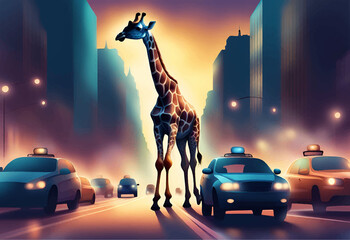 Giraffe walks through the city with cars