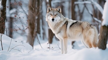 Eurasian Wolf In White winter Habitat beautiful winter
