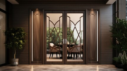 Elevate your designs with our set of modern doors. Crafted from solid wood and featuring double-glazed windows, these doors bring style and functionality to any architectural vision - obrazy, fototapety, plakaty