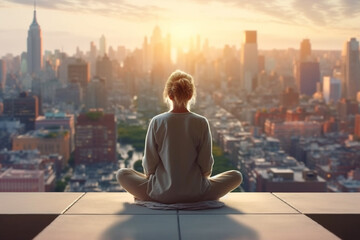 Illustration of woman practice yoga with big city on background