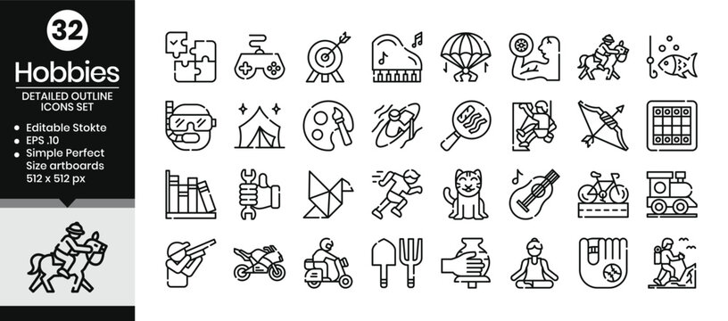 Hobbies (outline) icons set. The collection includes icons from various aspects related to hobbies and leisure, from business and development to programming, web design, app design, logos, and more.