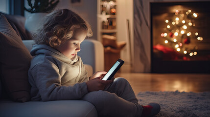 Boy on the sofa by the fireplace with the mobile phone - obrazy, fototapety, plakaty