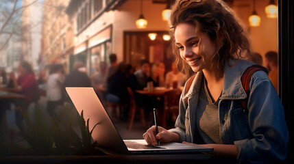 Remote work, freelance. Smiling business young woman working on laptop sitting in street cafe. Young beautiful girl entrepreneur works remotely, female does remote job in cafeteria.