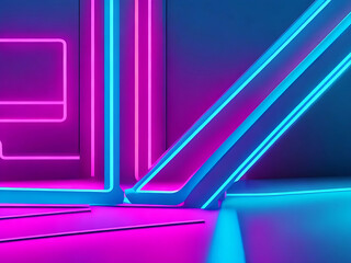 3D render, abstract minimal neon background, pink blue neon lines going up.