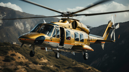 Beautiful helicopter landing on the ground, private transport , luxury and expensive lifestyle. banner