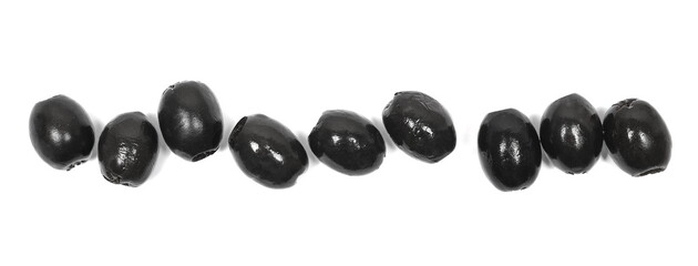 Black olives line isolated on white, top view